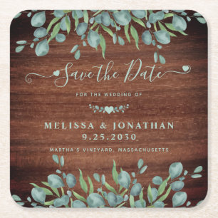 Rustic Eucalyptus Wood Bröllop spara datum Underlägg Papper Kvadrat