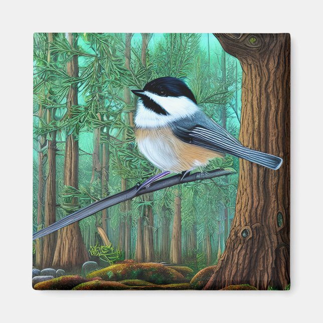 Rustic Evergreen Gräs Chickadee Magnet (Framsidan)