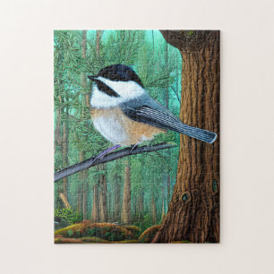 Rustic Evergreen Gräs Chickadee Pussel