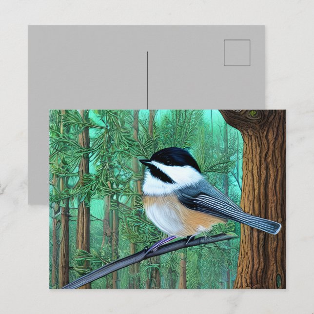 Rustic Evergreen Gräs Chickadee Vykort (Fram/baksida)