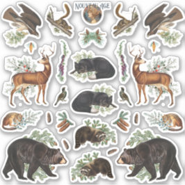 Rustic Evergreen Gräs Forest Animals Sticker Lakan Klistermärken