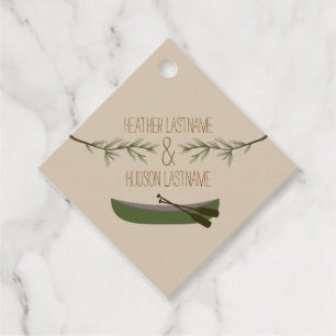 Rustic Evergreen Grenar Canoe Bröllop Gåvor Etiketter