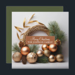 Rustic Evergreen och träkrans Julkort<br><div class="desc">En elegant modern,  grön,  grön julfransens helgdag gjord av evergreen och wood,  med rustiska boho-dekorationer och gräs-koner.</div>