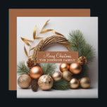 Rustic Evergreen och träkrans Julkort<br><div class="desc">En elegant modern,  grön,  grön julfransens helgdag gjord av evergreen och wood,  med rustiska boho-dekorationer och gräs-koner.</div>
