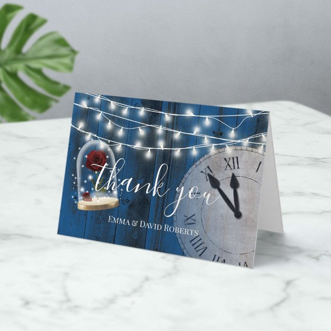 Rustic Fairytale Bröllop Navy Barn Wood Tack Kort (Skapare uppladdad)