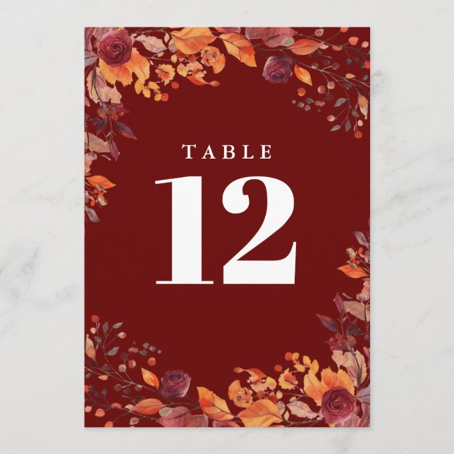 Rustic Fall Autumn Floral Burgundy Table Number Inbjudningar (Framsida)