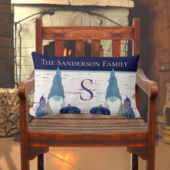 Rustic Fall Autumn Gnome Navy Dusty Blue pumpkins Lumbarkudde (Skapare uppladdad)