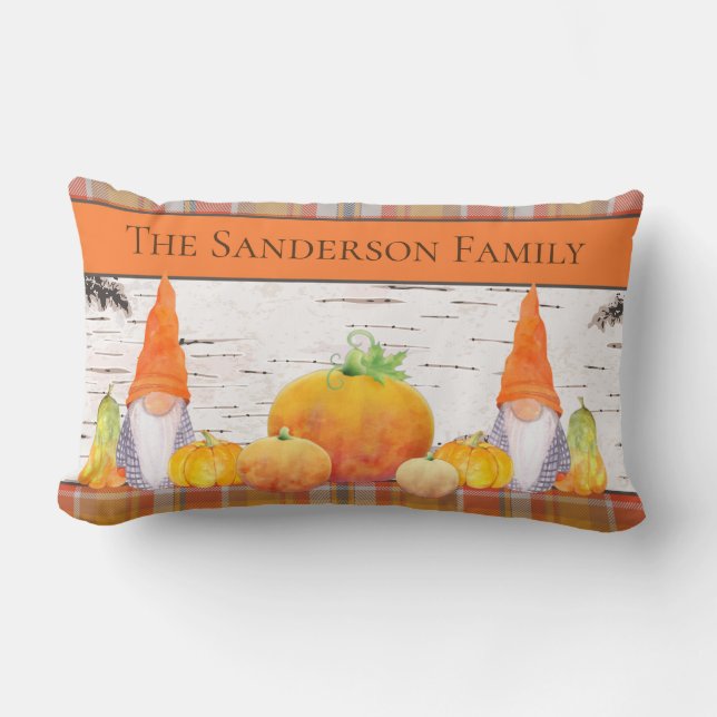 Rustic Fall Autumn Gnome-orange med pumpa Lumbarkudde (Framsida)