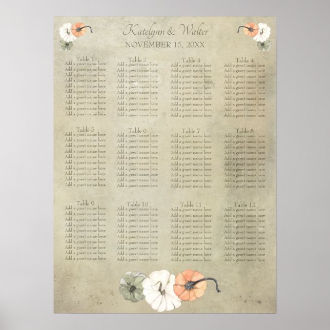 Rustic Fall Autumn Pumpkins Bröllop Sittdiagram Poster (Framsidan)