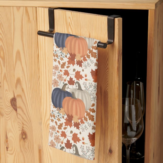 Rustic Fall Autumn Pumpkins Wildblommor Löv Kökshandduk (Thirds Fold)