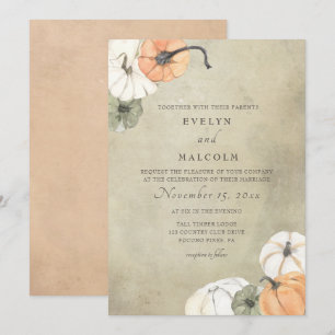 Rustic Fall Autumn White, Orange Pumpkins Bröllop Inbjudningar