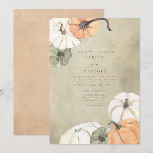 Rustic Fall Autumn White, Orange Pumpkins Bröllop Inbjudningar (Fram/baksida)