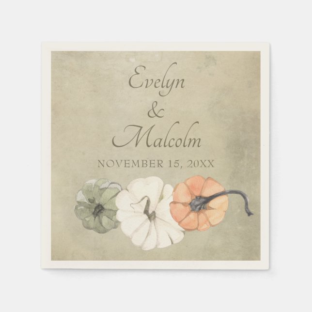 Rustic Fall Autumn White, Orange Pumpkins Bröllop Pappersservett (Framsidan)