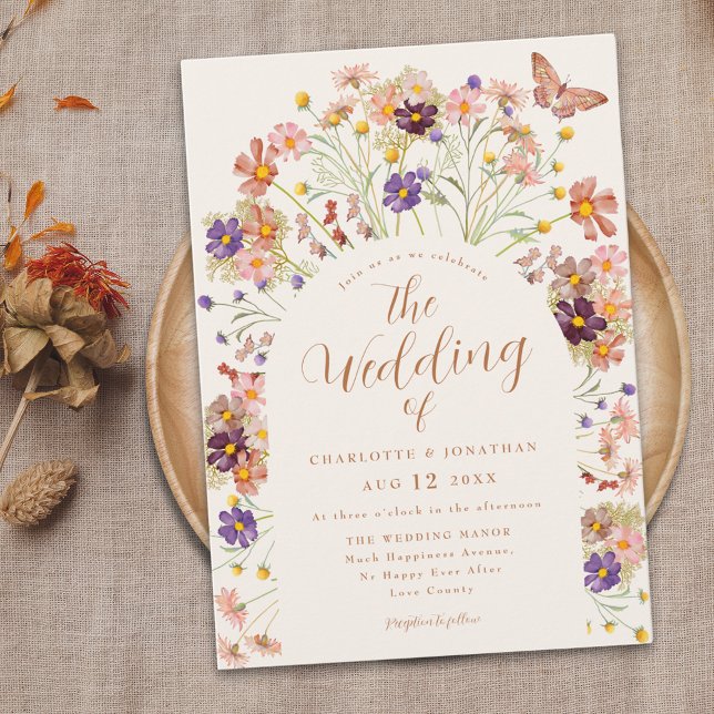 Rustic Fall Blommigt Blommigt Bröllop Inbjudningar (Boho fall rustic floral wedding invitation whimsical watercolor wildflowers and butterfly )