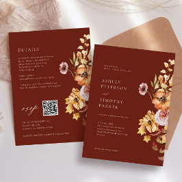 Rustic Fall Blommigt Boho Maroon Bröllop QR Inbjudningar