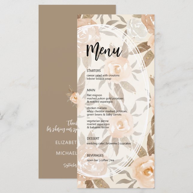 Rustic Fall Blommigt Bröllop Meny (Fram/baksida)