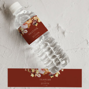 Rustic Fall Blommigt Burgundy Bröllop Vattenflaskor Etikett