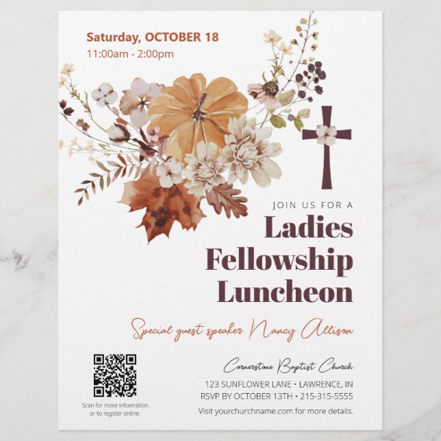 Rustic Fall Blommigt Church Dam Luncheon Flyer (Framsidan)