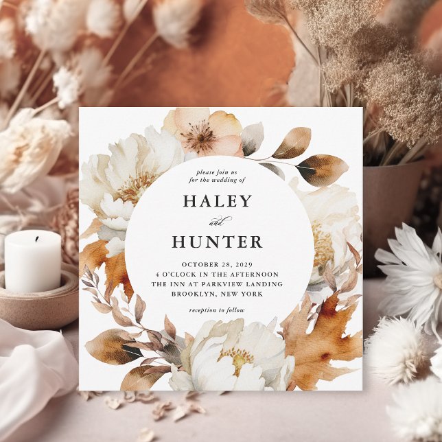 Rustic Fall Blommigt Elegant bröllop Inbjudningar (Luxurious fall florals in this rustic square shaped wedding invitation.)
