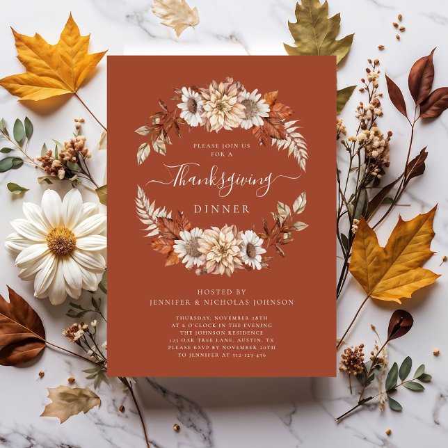 Rustic Fall Blommigt Löv Thanksgiving Middag Inbjudningar (Rustic Fall Floral Leaves Thanksgiving Dinner Invitation)