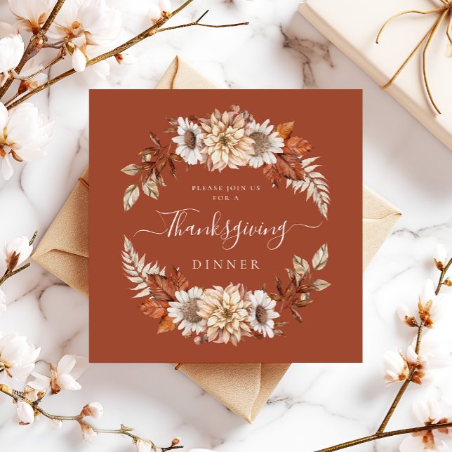 Rustic Fall Blommigt Löv Thanksgiving Middag Inbjudningar (Rustic Fall Floral Leaves Thanksgiving Dinner Invitation)