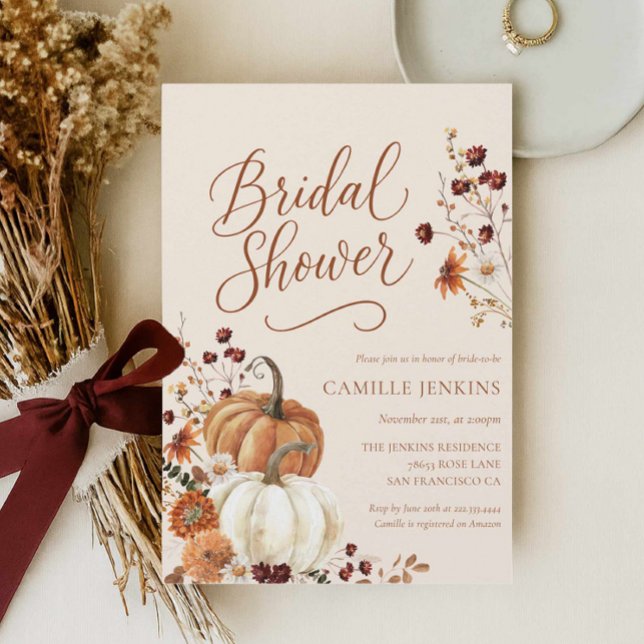 Rustic Fall Blommigt Möhippa Inbjudningar (Rustic Orange Pumpkin Fall Bridal Shower invitation)