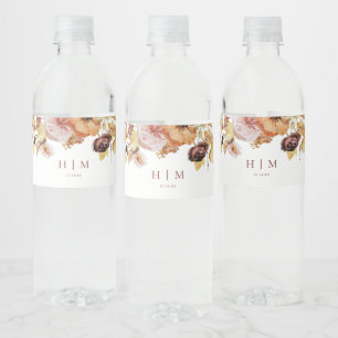 Rustic Fall Blommigt Monogram Bröllop Vattenflaskor Etikett
