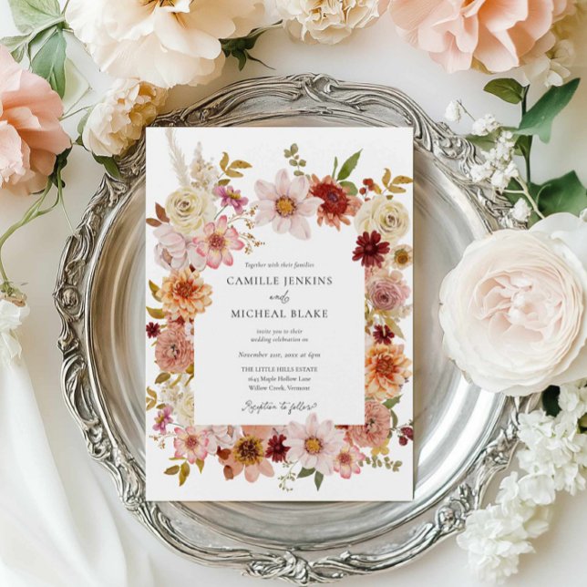 Rustic Fall Blommigt Photo Bröllop Inbjudningar (Boho Fall Floral Photo Wedding Invitation)