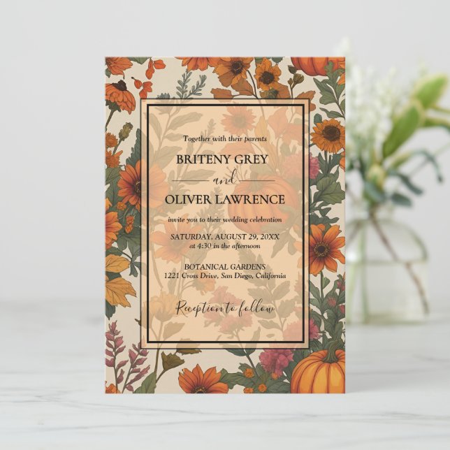 Rustic Fall Blommigt Pumpkin-Autumn Harvest Weedin Inbjudningar (Stående Fram)