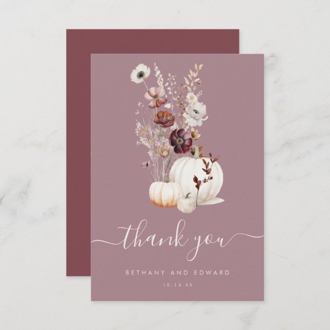 Rustic Fall Blommigt Pumpkin Bröllop Tack Kort (Fram/baksida)