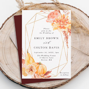 Rustic Fall Blommigt Pumpkin Guld Geometric Bröllo Inbjudningar