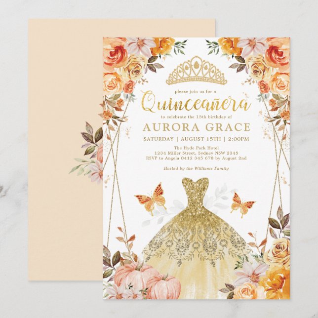 Rustic Fall Blommigt Quinceañera Mis Quince Anos Inbjudningar (Fram/baksida)