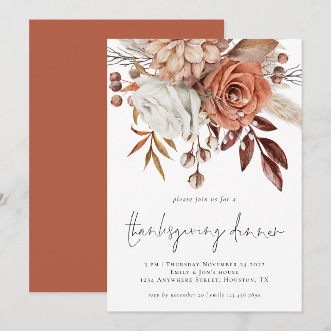 Rustic Fall Blommigt Terracotta Cream Thanksgiving Inbjudningar (Fram/baksida)