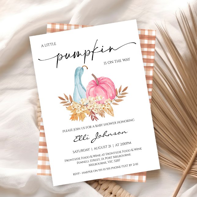 Rustic Fall Blue Rosa Pumpkin Baby Shower Inbjudningar (Fall Little Pumpkin Baby Shower Invitation, Blue Pink Pumpkin Baby Shower Invite, Autumn Baby )