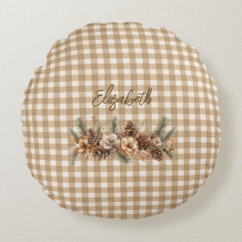 Rustic Fall Botanical Brown Gingham Personlig Rund Kudde