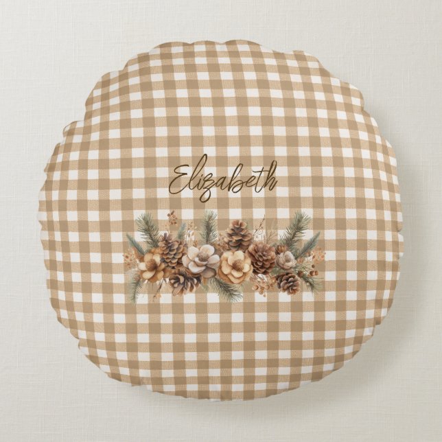 Rustic Fall Botanical Brown Gingham Personlig Rund Kudde (Framsidan)