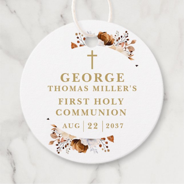 Rustic Fall Botanical Modern First Heliga Communio Gåvor Etiketter (Framsida)