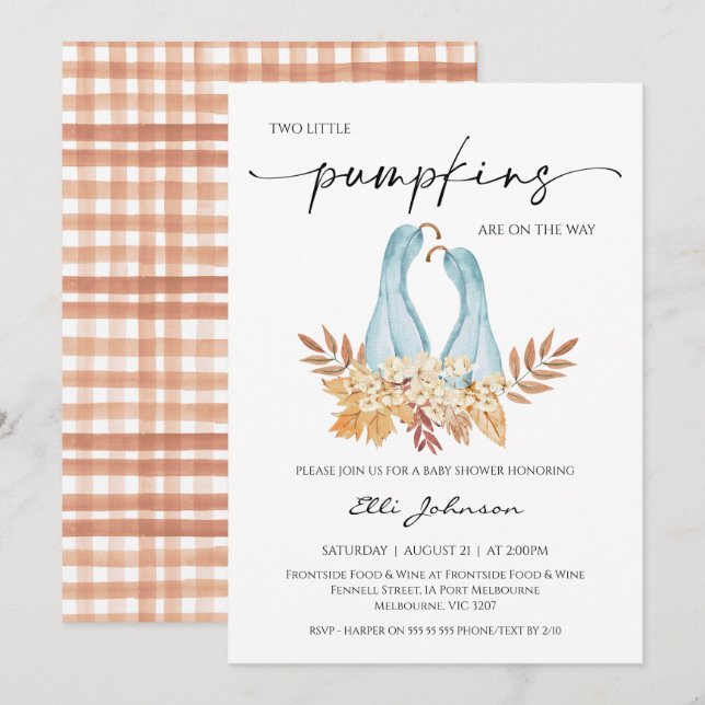 Rustic Fall Boy Twillingars Pumpkins Baby Shower Inbjudningar (Fram/baksida)
