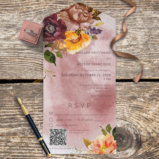 Rustic Fall Burgundy Gult Blommigt Vin QR-kod (Skapare uppladdad)