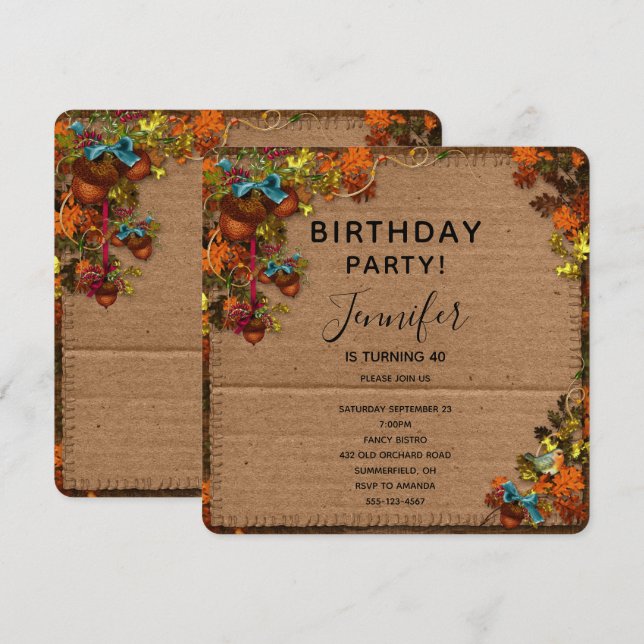 Rustic Fall Flowers & Acorns Birthday Inbjudningar (Fram/baksida)