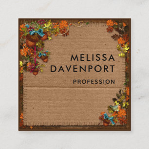 Rustic Fall Flowers & Acorns on Faux Cardboard Fyrkantigt Visitkort