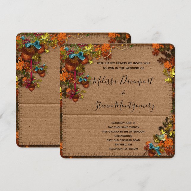 Rustic Fall Flowers & Acorns on Faux Cardboard Inbjudningar (Fram/baksida)