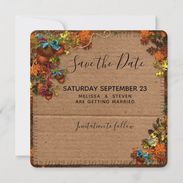 Rustic Fall Flowers & Acorns on Faux Cardboard Spara Datumet (Framsida)