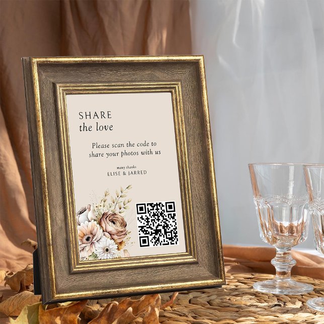 Rustic Fall Flowers QR-kodens fotodelningskort Inbjudningar (Photo sharing sign from the Rustic Floral Brown Neutral Wedding Collection by Darling & May)