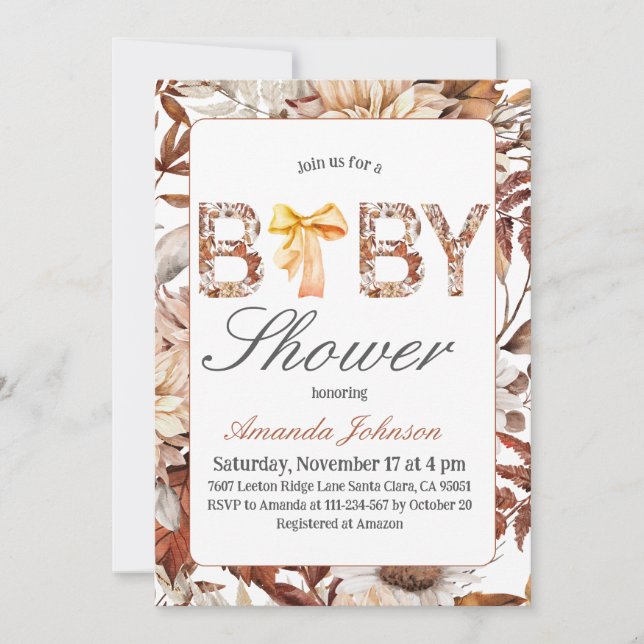 Rustic Fall Framed Brown Bow Baby Shower Inbjudningar (Framsida)