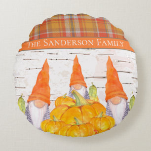 Rustic Fall Gnome orange plaid pumpkin Rund Kudde