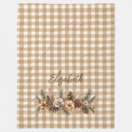Rustic Fall Gräs Cones Brown Gingham Personlig Fleecefilt