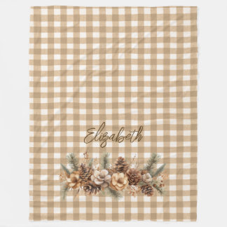Rustic Fall Gräs Cones Brown Gingham Personlig Fleecefilt