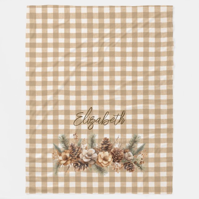 Rustic Fall Gräs Cones Brown Gingham Personlig Fleecefilt (Framsidan)