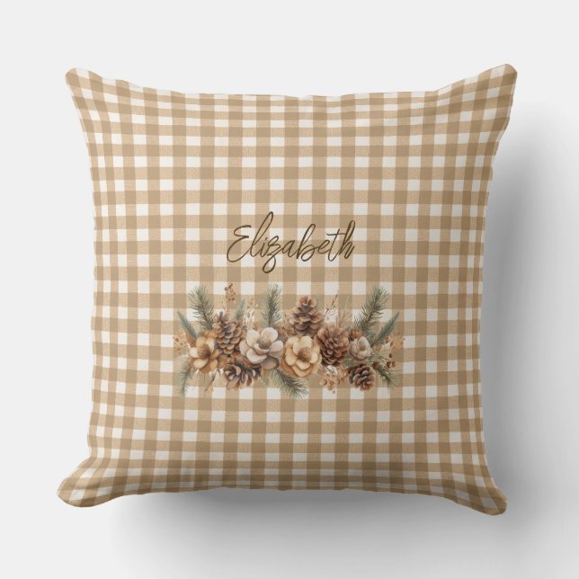 Rustic Fall Gräs Cones Brown Gingham Personlig Kudde (Framsida)